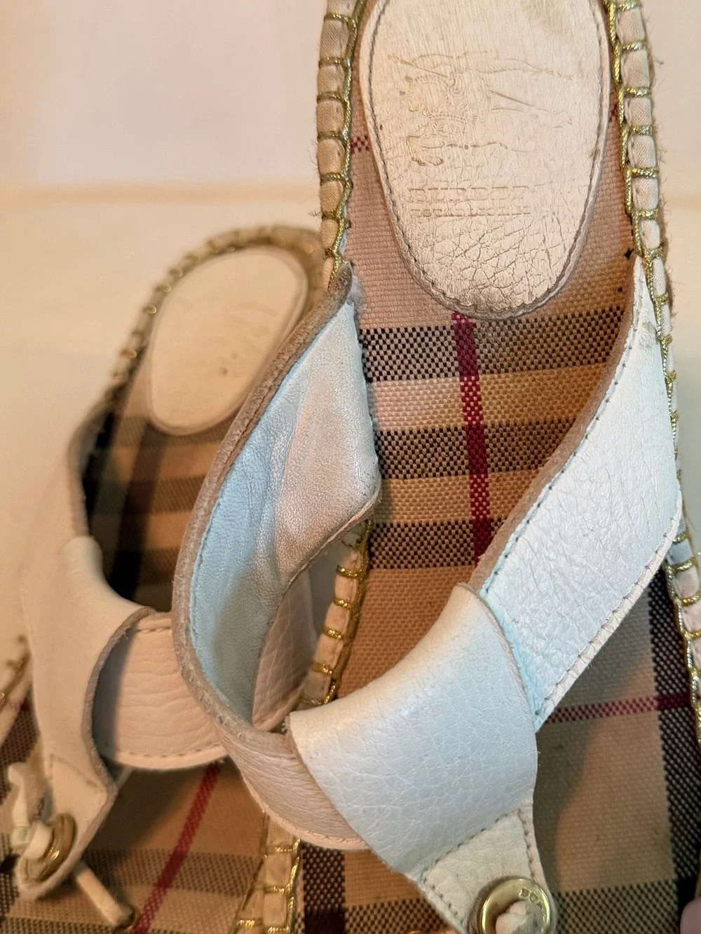 Burberry White Plaid-Insole Wedge Sandals with Leather Thong Strap